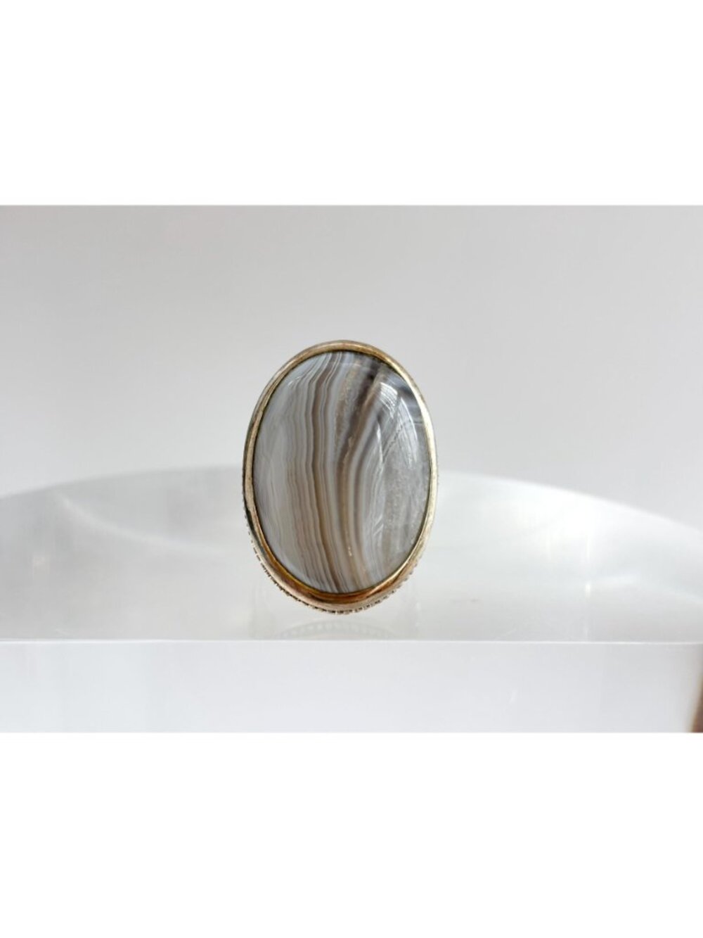 Grey Banded Agate Polished Cabochon Sterling Silver 925 Vintage Ring - sz 8 - Picture 3 of 16
